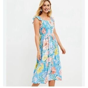 LOFT Garden Smocked Blue Floral Midi Stunning Dress